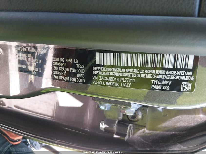 2020 Jeep Renegade VIN ZACNJBD13LPL77211 IAAI salvage auction — LEFT FRONT, Salvage (Indiana), sold $75 on 2026-07-29 (photo 9)