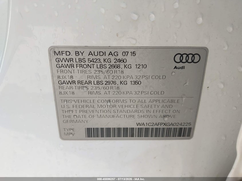 2016 Audi Q5 VIN WA1C2AFPXGA024225 IAAI salvage auction — LEFT FRONT, Salvage Title, sold $2,750 on 2026-07-23 (photo 9)