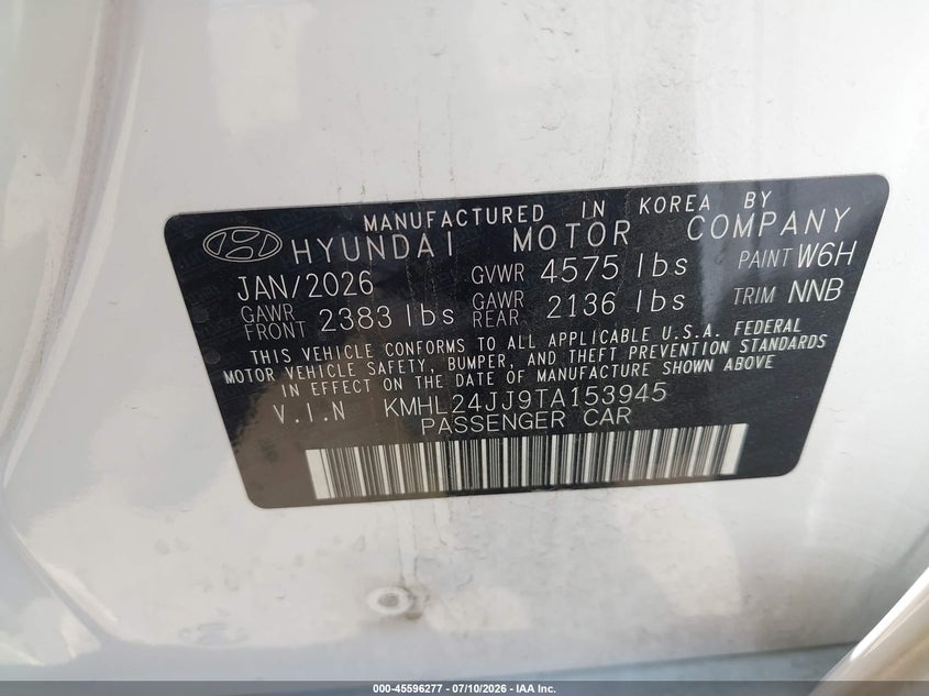 2026 Hyundai Sonata VIN KMHL24JJ9TA153945 IAAI salvage auction — NORMAL WEAR, Enterprise Vehicles Clear Only (Arizona), sold $13,350 on 2026-07-14 (photo 9)
