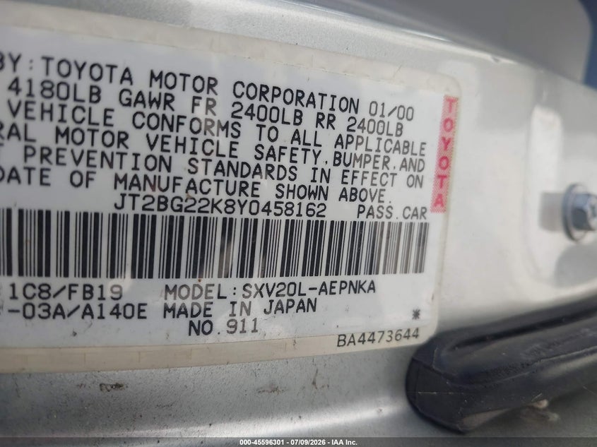 2000 Toyota Camry VIN JT2BG22K8Y0458162 IAAI salvage auction — NORMAL WEAR, Clear - Dealer Only (California), sold $275 on 2026-07-27 (photo 9)