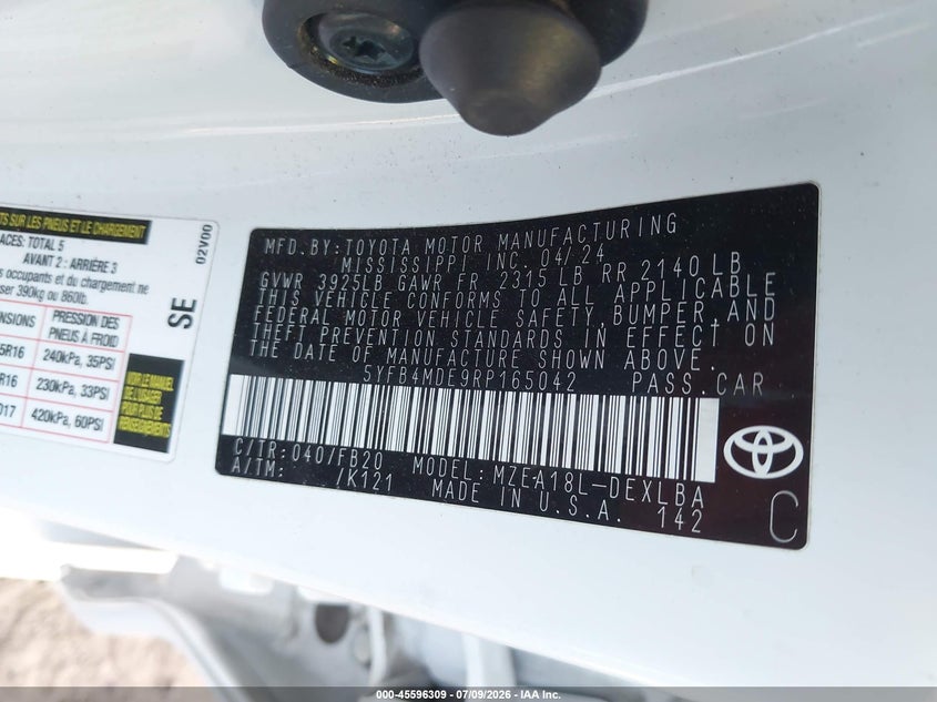 2024 Toyota Corolla VIN 5YFB4MDE9RP165042 IAAI salvage auction — LEFT SIDE, Enterprise Vehicles Salvage (Arizona), sold $3,800 on 2026-07-28 (photo 9)