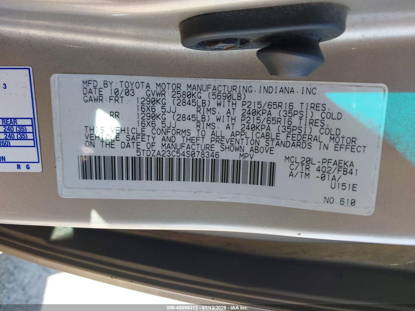 2004 Toyota Sienna VIN 5TDZA23C54S078346 IAAI salvage auction — NORMAL WEAR, Clear (Massachusetts), sold $25 on 2026-07-21 (photo 9)