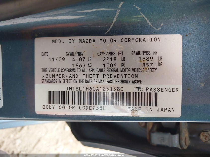 2010 Mazda 3 VIN JM1BL1H60A1251580 IAAI salvage auction — NORMAL WEAR, Clear (Pennsylvania), sold $800 on 2026-07-31 (photo 9)