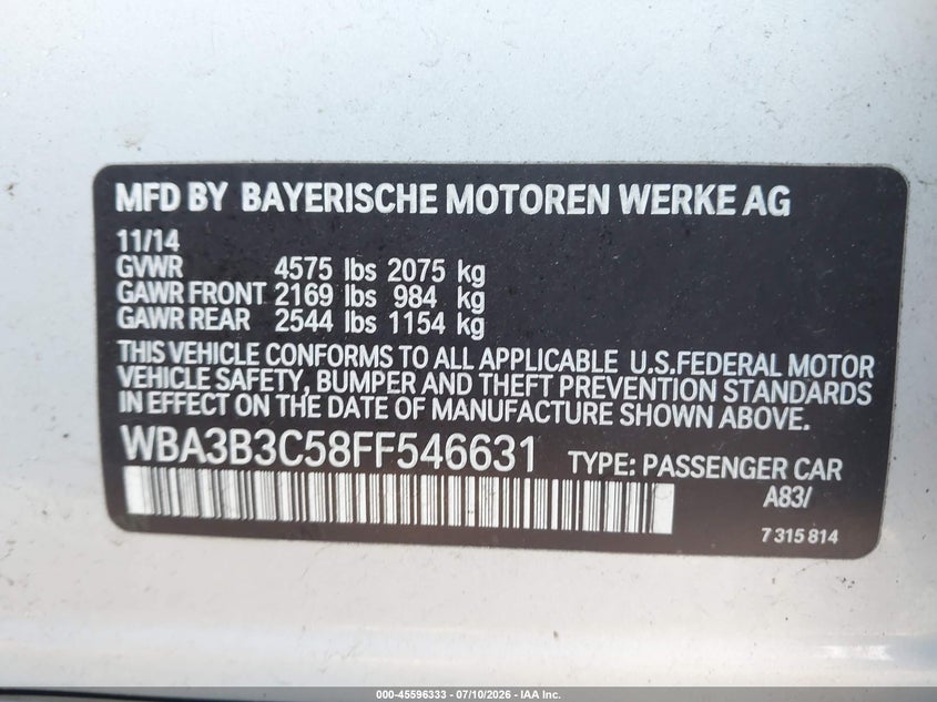 2015 BMW 3 series VIN WBA3B3C58FF546631 IAAI salvage auction — UNKNOWN, Clear (Illinois), sold $700 on 2026-07-29 (photo 9)