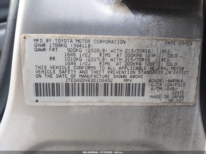 2003 Toyota Rav4 VIN JTEGH20V630106452 IAAI salvage auction — NORMAL WEAR, Clear (Florida), sold $1,775 on 2026-07-15 (photo 9)