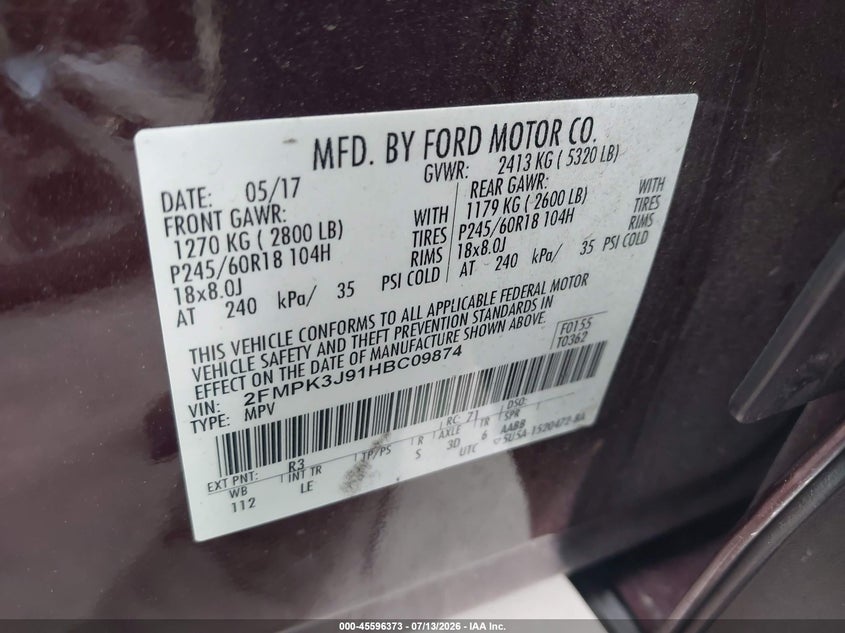 2017 Ford Edge VIN 2FMPK3J91HBC09874 IAAI salvage auction — RIGHT SIDE, Salvage Title, sold $2,200 on 2026-07-25 (photo 9)