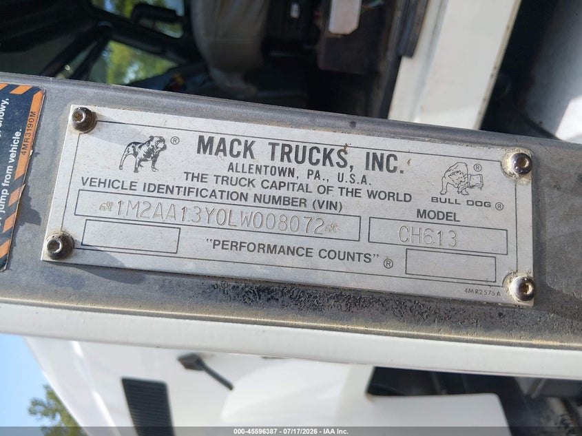 1990 Mack 600 rd600 VIN 1M2AA13Y0LW008072 IAAI salvage auction — Unknown, Salvage (Mississippi), sold $13,750 on 2026-08-12 (photo 8)