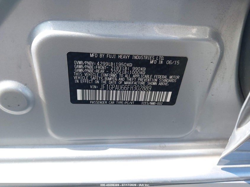 2015 Subaru Impreza VIN JF1GPAU66FH302889 IAAI salvage auction — RIGHT SIDE, Salvage Title, sold $1,500 on 2026-07-31 (photo 9)