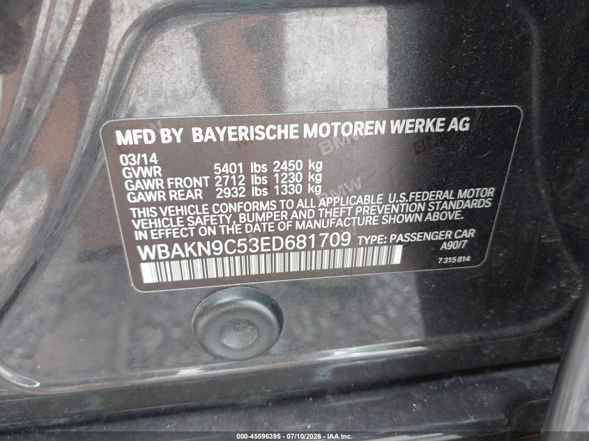 2014 BMW 5er VIN WBAKN9C53ED681709 IAAI salvage auction — NORMAL WEAR, Clear (Alabama), sold $3,150 on 2026-07-29 (photo 9)