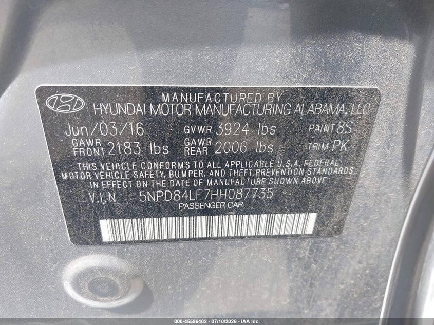 2017 Hyundai Elantra VIN 5NPD84LF7HH087735 IAAI salvage auction — TRANSMISSION, Salvage (California), sold $1,950 on 2026-07-18 (photo 9)