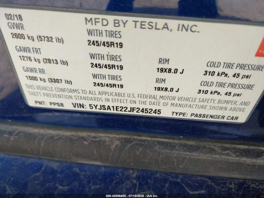 2018 Tesla Model s VIN 5YJSA1E22JF245245 IAAI salvage auction — NORMAL WEAR, Salvage (Florida), sold $3,250 on 2026-07-29 (photo 9)