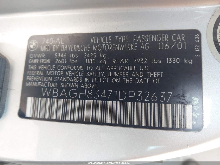 2001 BMW 7 series VIN WBAGH83471DP32637 IAAI salvage auction — NORMAL WEAR, Clear (New York), sold $625 on 2026-07-28 (photo 9)