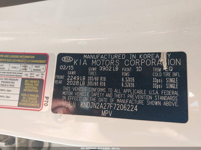 2015 Kia Soul VIN KNDJN2A27F7206224 IAAI salvage auction — RIGHT FRONT, Salvage (Ohio), sold $50 on 2026-07-28 (photo 9)