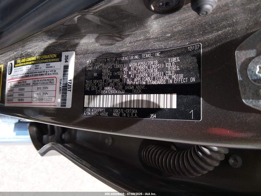 2008 Toyota Tundra VIN 5TFRV54128X043539 IAAI salvage auction — NORMAL WEAR, Original (Texas), sold $3,650 on 2026-07-15 (photo 9)