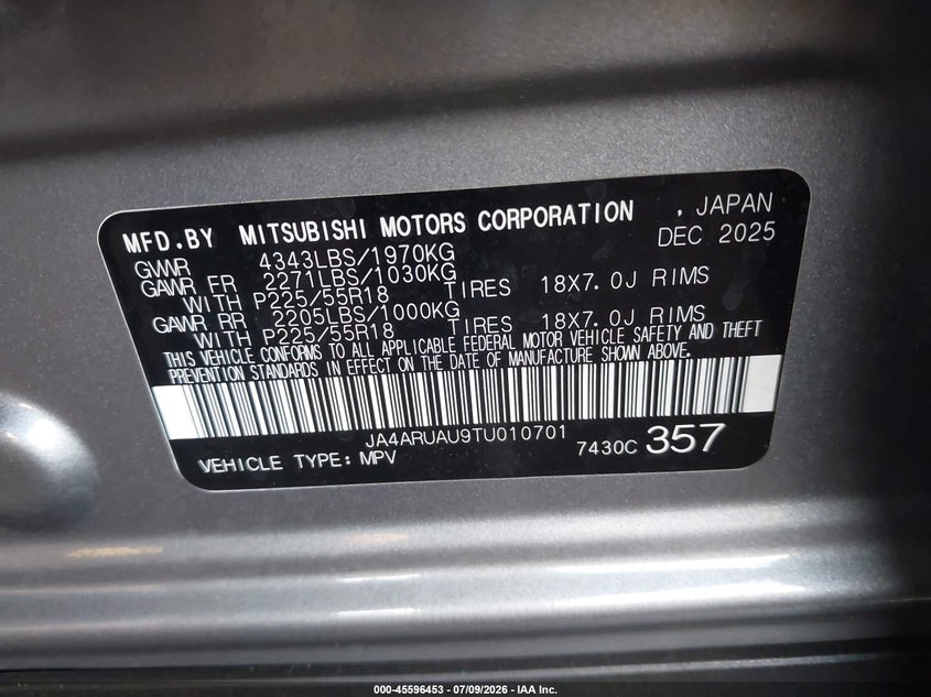 2026 Mitsubishi Outlander VIN JA4ARUAU9TU010701 IAAI salvage auction — FRONT END, Enterprise Vehicles Clear Only (Arizona), sold $5,700 on 2026-07-14 (photo 9)