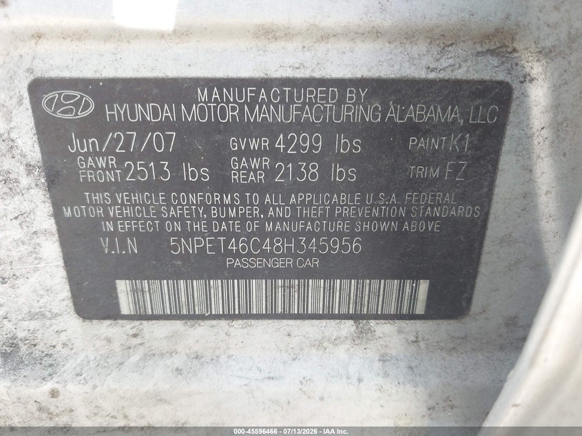 2008 Hyundai Sonata VIN 5NPET46C48H345956 IAAI salvage auction — NORMAL WEAR, Clear (Maryland), sold $25 on 2026-07-22 (photo 9)