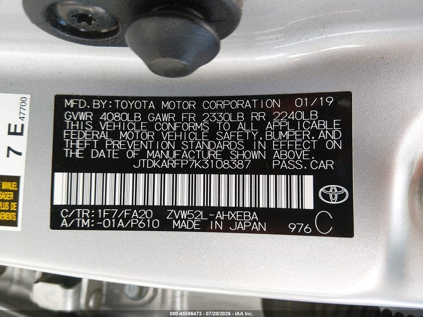 2019 Toyota Prius VIN JTDKARFP7K3108387 IAAI salvage auction — FRONT END, Salvage (California), sold $3,950 on 2026-07-28 (photo 9)