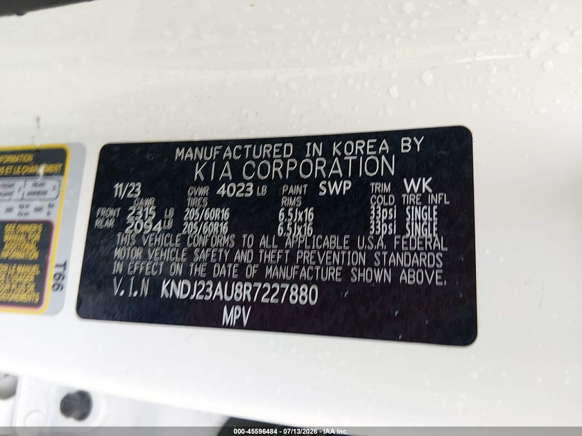 2024 Kia Soul VIN KNDJ23AU8R7227880 IAAI salvage auction — FRONT & REAR, Salvage Title, sold $4,725 on 2026-07-15 (photo 9)