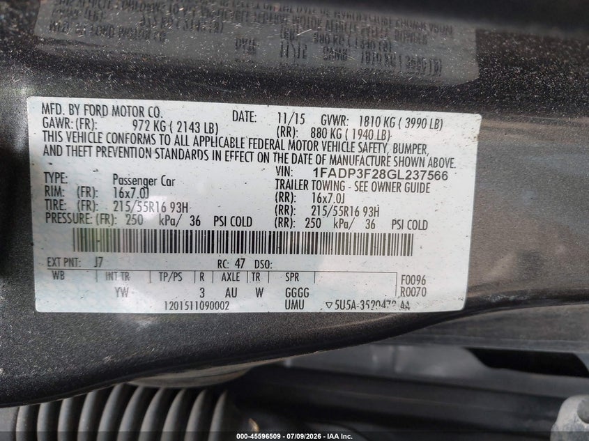 2016 Ford Focus VIN 1FADP3F28GL237566 IAAI salvage auction — UNKNOWN, Clear (Illinois), sold $1,450 on 2026-07-12 (photo 9)
