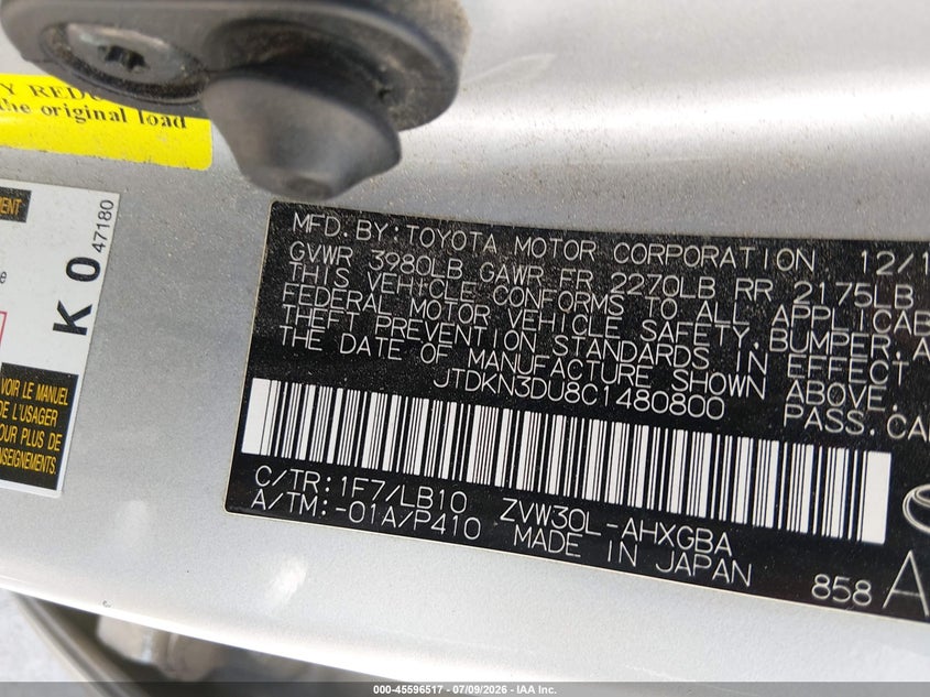 2012 Toyota Prius VIN JTDKN3DU8C1480800 IAAI salvage auction — NORMAL WEAR, Original (Texas), sold $3,350 on 2026-07-29 (photo 9)
