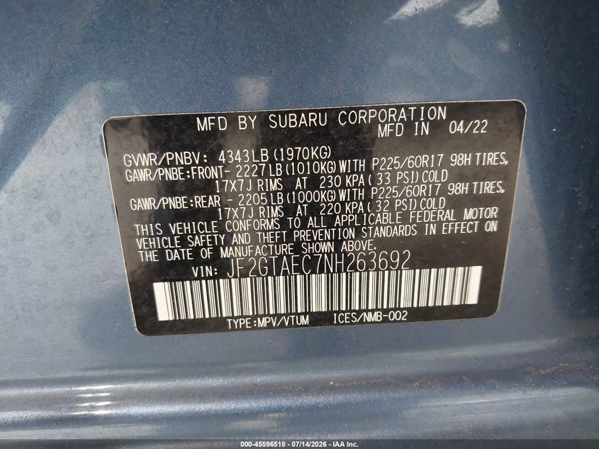 2022 Subaru Xv VIN JF2GTAEC7NH263692 IAAI salvage auction — RIGHT FRONT, Salvage Title, sold $4,000 on 2026-07-29 (photo 9)