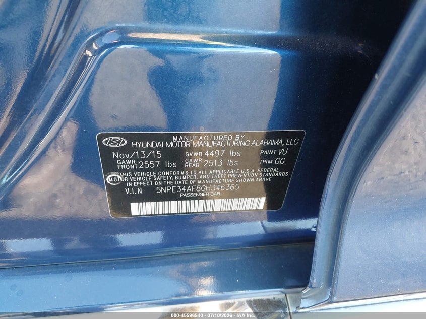 2016 Hyundai Sonata VIN 5NPE34AF8GH346365 IAAI salvage auction — REAR END, Salvage Title, sold $2,475 on 2026-07-31 (photo 9)