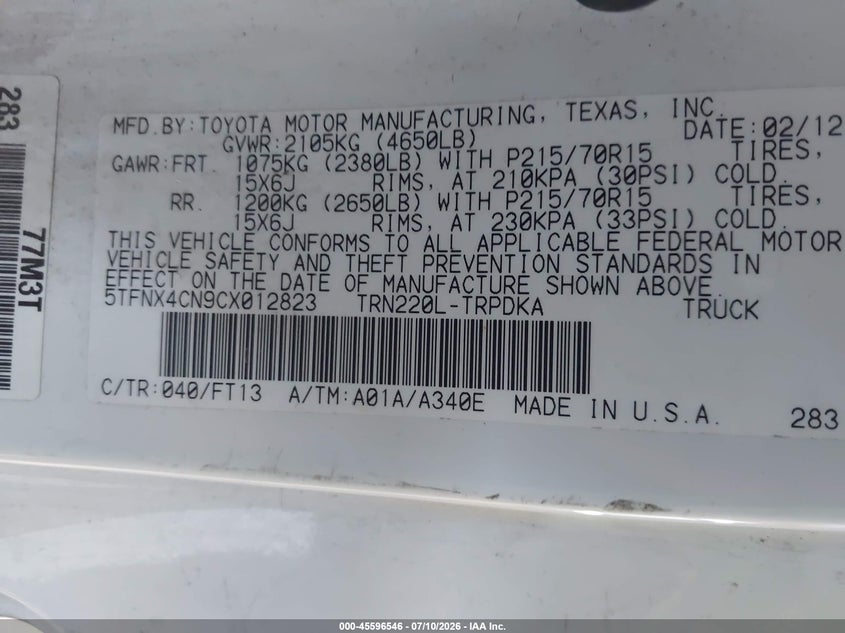 2012 Toyota Tacoma VIN 5TFNX4CN9CX012823 IAAI salvage auction — NORMAL WEAR, Salvage Title, sold $1,550 on 2026-07-28 (photo 9)
