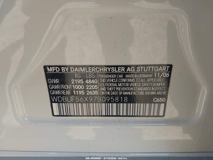 2007 Mercedes-benz E-klasse VIN WDBUF56X97B095818 IAAI salvage auction — REAR END, Salvage (California), sold $1,500 on 2026-07-22 (photo 9)