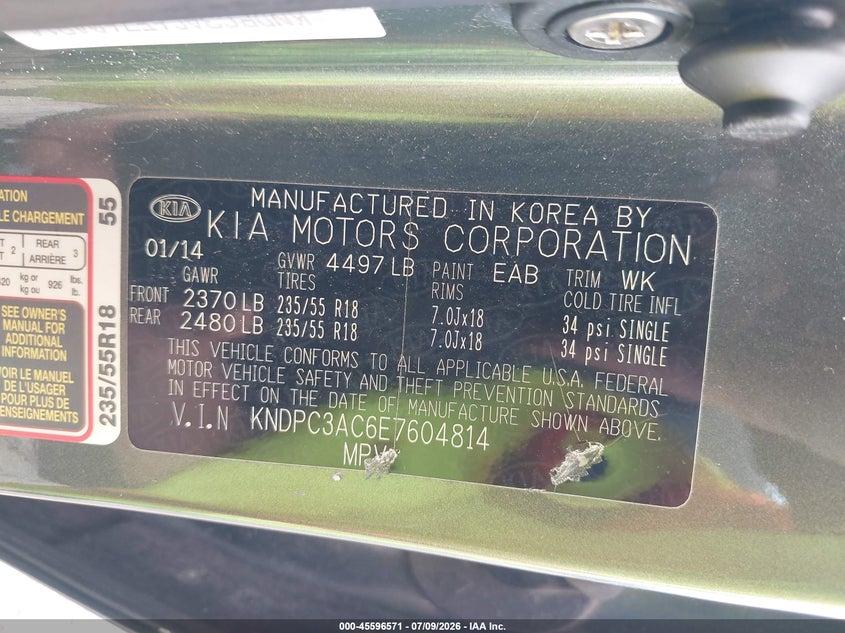 2014 Kia Sportage VIN KNDPC3AC6E7604814 IAAI salvage auction — NORMAL WEAR, Original (Ohio), sold $1,200 on 2026-07-30 (photo 9)