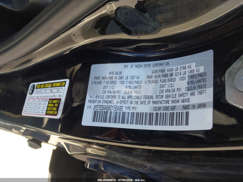 2008 Mazda Cx-9 VIN JM3TB38A680156486 IAAI salvage auction — UNKNOWN, Clear (Montana), sold $200 on 2026-07-30 (photo 9)