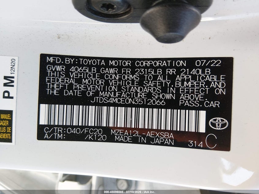 2022 Toyota Corolla VIN JTDS4MCE0N3512066 IAAI salvage auction — FRONT END, Salvage Title, sold $3,900 on 2026-08-01 (photo 9)