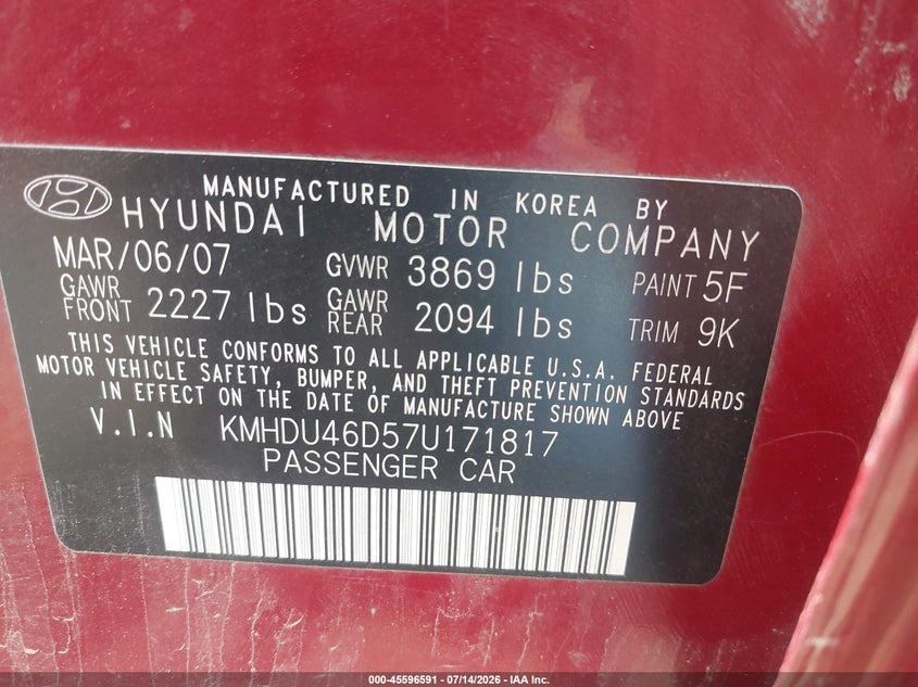 2007 Hyundai Elantra VIN KMHDU46D57U171817 IAAI salvage auction — NORMAL WEAR, Clear (Idaho), sold $100 on 2026-08-01 (photo 9)