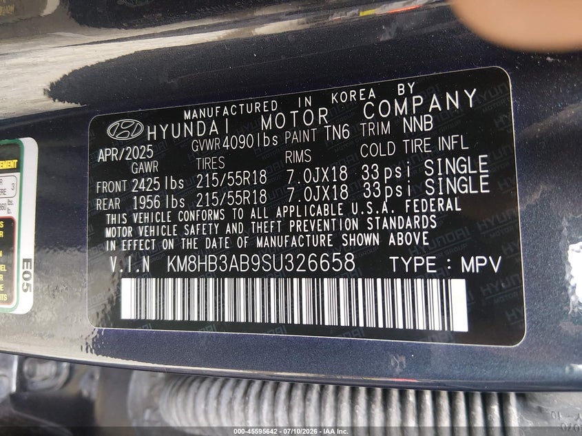 2025 Hyundai Kona VIN KM8HB3AB9SU326658 IAAI salvage auction — REAR END, Salvage Title, sold $4,400 on 2026-07-15 (photo 9)