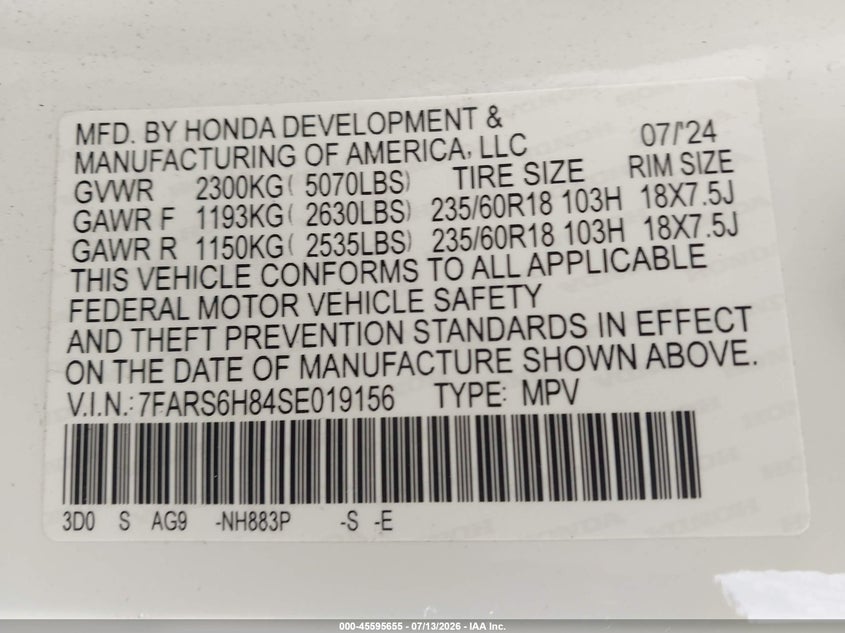 2025 Honda Cr-v VIN 7FARS6H84SE019156 IAAI salvage auction — UNDERCARRIAGE, Rebuildable (Florida), sold $12,100 on 2026-08-19 (photo 9)