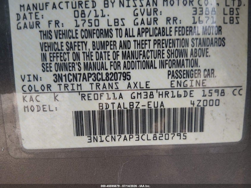 2012 Nissan Versa VIN 3N1CN7AP3CL820795 IAAI salvage auction — NORMAL WEAR, Clear (New Jersey), sold $1,025 on 2026-07-28 (photo 9)