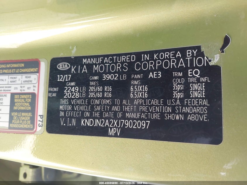 2018 Kia Soul VIN KNDJN2A2XJ7902097 IAAI salvage auction — NORMAL WEAR, Clear (Montana), sold $25 on 2026-07-28 (photo 9)