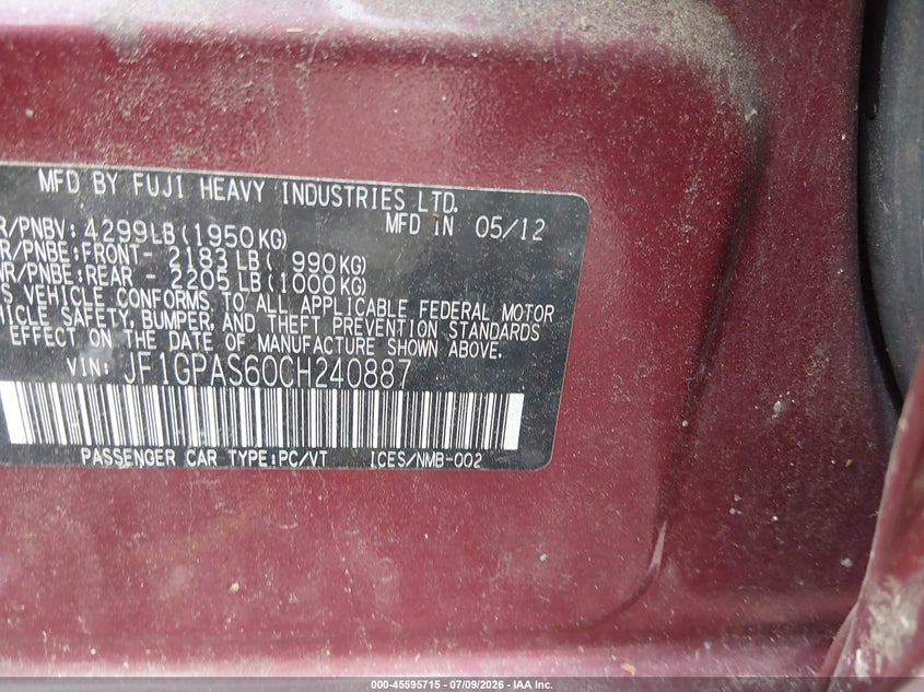 2012 Subaru Impreza VIN JF1GPAS60CH240887 IAAI salvage auction — NORMAL WEAR, Clear (Virginia), sold $375 on 2026-07-24 (photo 9)
