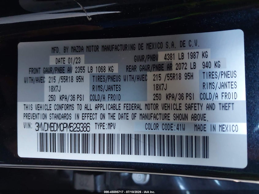 2023 Mazda Cx-30 VIN 3MVDMBDM0PM529386 IAAI salvage auction — REAR END, Wait Title, sold $8,200 on 2026-08-27 (photo 9)
