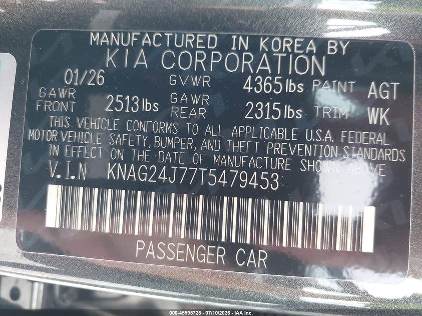 2026 Kia K5 VIN KNAG24J77T5479453 IAAI salvage auction — FRONT END, Salvage Title, sold $6,075 on 2026-07-15 (photo 9)