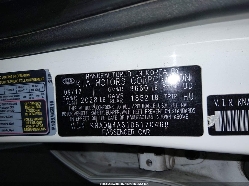 2013 Kia Rio VIN KNADM4A31D6170468 IAAI salvage auction — RIGHT SIDE, Salvage (Arizona), sold $775 on 2026-07-28 (photo 9)