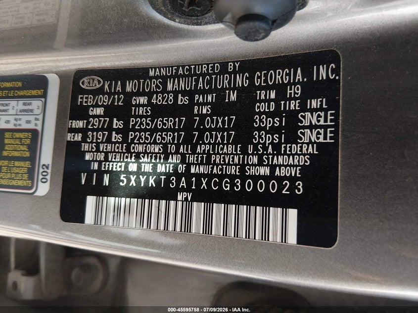 2012 Kia Sorento VIN 5XYKT3A1XCG300023 IAAI salvage auction — FRONT END, Salvage Title, sold $700 on 2026-07-23 (photo 9)