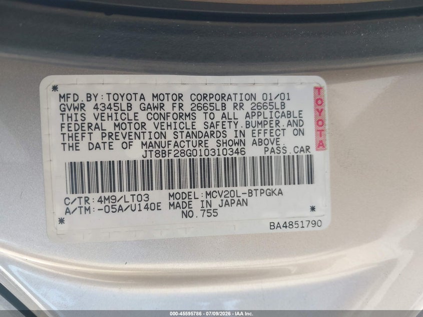 2001 Lexus Es 300 VIN JT8BF28G010310346 IAAI salvage auction — ALL OVER, Salvage (California), sold $25 on 2026-07-29 (photo 9)