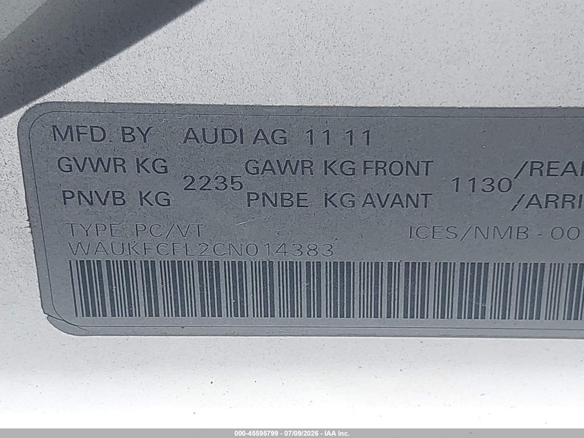 2012 Audi A4 VIN WAUKFCFL2CN014383 IAAI salvage auction — NORMAL WEAR, Clear - Dealer Only (California), sold $1,525 on 2026-07-15 (photo 9)
