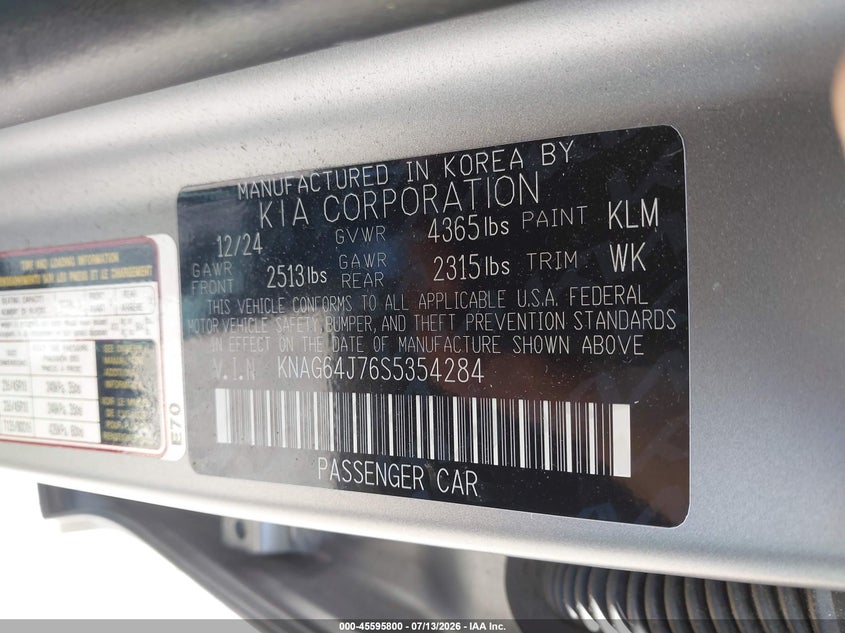2025 Kia K5 VIN KNAG64J76S5354284 IAAI salvage auction — FRONT END, Wait Title, sold $9,400 on 2026-08-25 (photo 9)