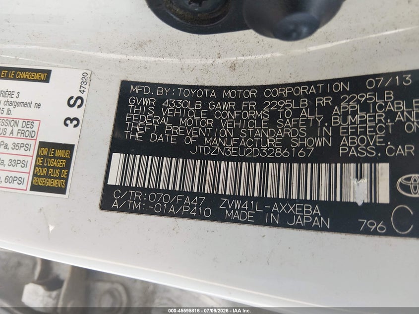 2013 Toyota Prius v VIN JTDZN3EU2D3286167 IAAI salvage auction — NORMAL WEAR, Clear (North Carolina), sold $2,900 on 2026-07-15 (photo 9)
