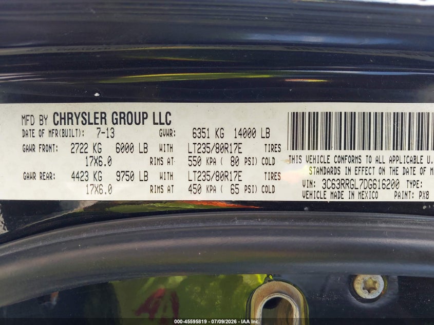 2013 Ram 3500 VIN 3C63RRGL7DG616200 IAAI salvage auction — RIGHT REAR, Original (Texas), sold $8,000 on 2026-08-01 (photo 8)