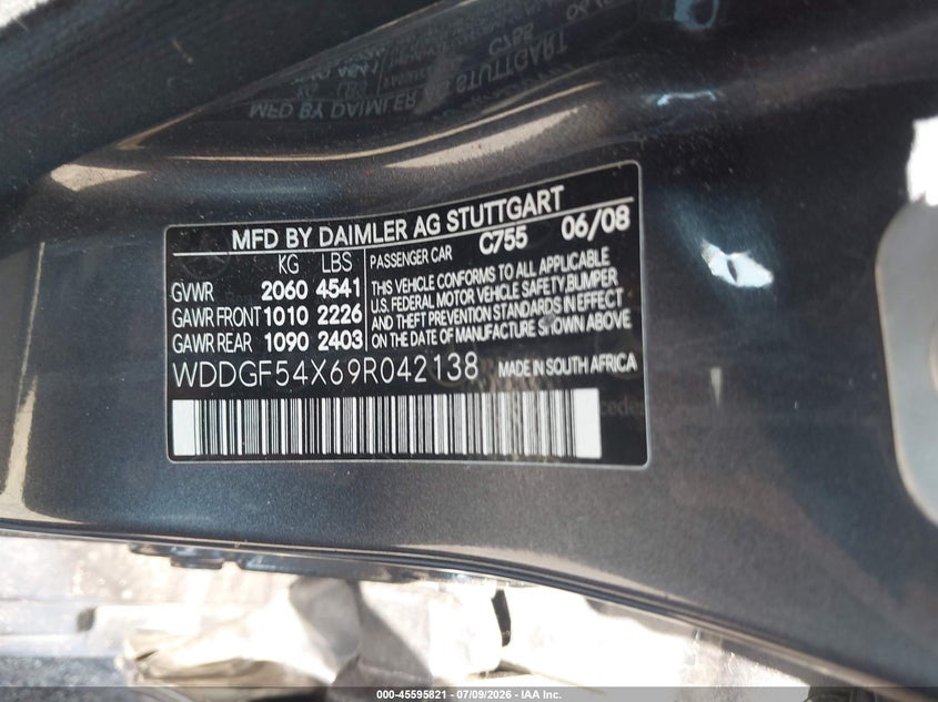 2009 Mercedes-benz C class VIN WDDGF54X69R042138 IAAI salvage auction — NORMAL WEAR, Clear (Florida), sold $425 on 2026-07-28 (photo 9)