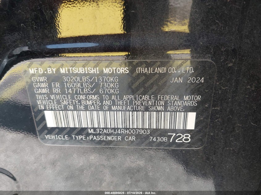 2024 Mitsubishi Mirage VIN ML32AUHJ4RH007903 IAAI salvage auction — SIDE, Enterprise Vehicles Salvage Only (Florida), sold $2,150 on 2026-07-23 (photo 9)