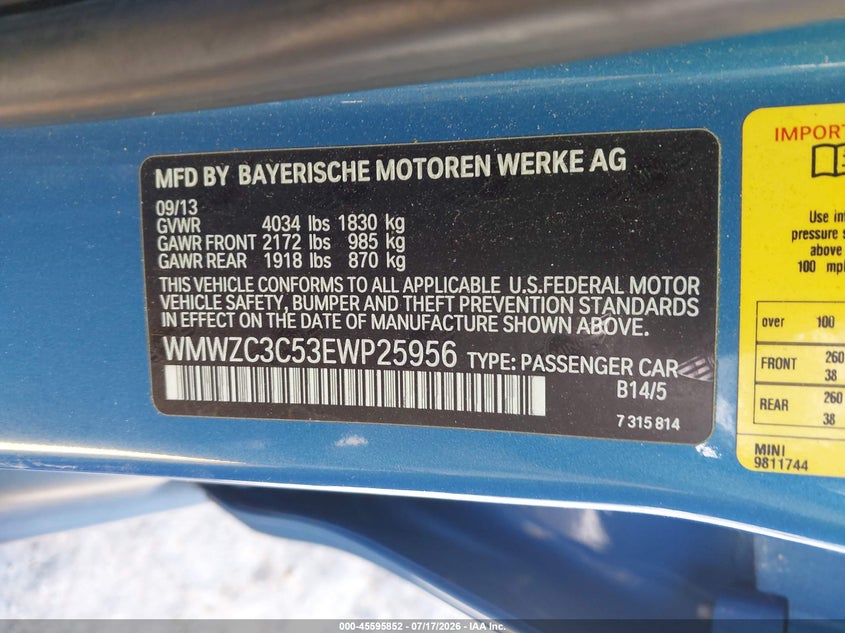 2014 Mini Countryman VIN WMWZC3C53EWP25956 IAAI salvage auction — NORMAL WEAR, Clear - Dealer Only (California), sold $1,000 on 2026-07-23 (photo 9)