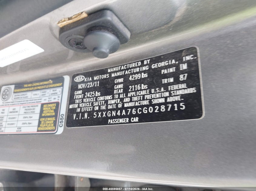 2012 Kia Optima VIN 5XXGN4A76CG028715 IAAI salvage auction — NORMAL WEAR, Clear (New York), sold $150 on 2026-07-28 (photo 9)